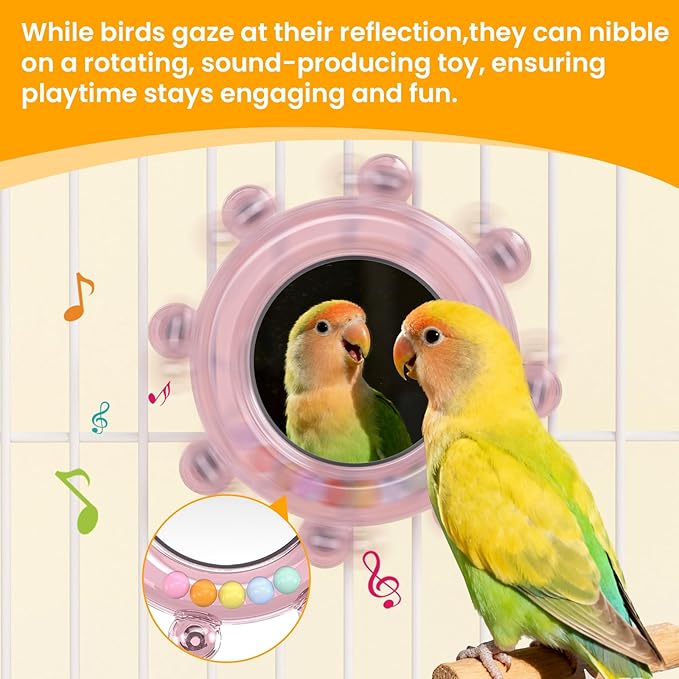 Bird Mirror Toys for Cage,Parakeet Rotating Sound Wheel Toy,Budgie Training Colorful Interactive Chew Toys for Canaries Lovebirds Conures Cockatiels cage Accessories (2, Blue)
