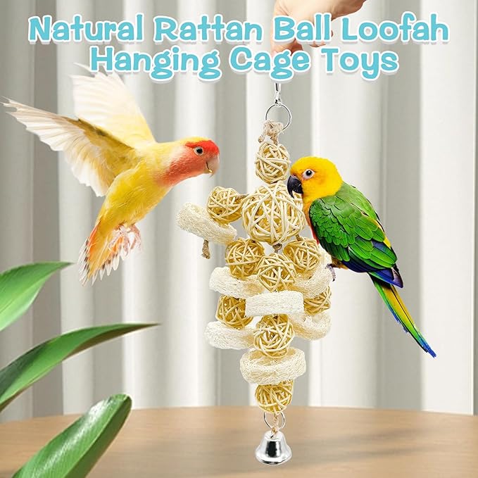 Hamiledyi Bird Toys Foraging Star Bird Chew Toy Super Shredder Ball Will Keep Birds Busy Foraging for Hidden Treasures Parrot Cage Toys Cages Shredder Cockatiel Conure (1 x Rattan Chew Ball String)