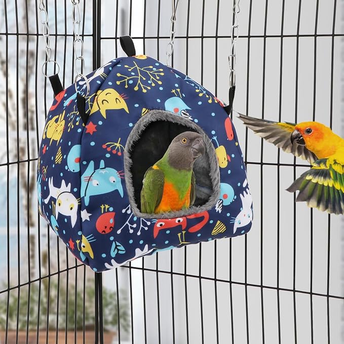 Wontee Bird Plush Hammock Parrot Hanging Snuggle Cave Happy Hut Tent for Parakeet Cockatiel Conure Lovebird Budgie Hamster Gerbil Rat Chinchilla Squirrel Cage (M, Blue Cat)