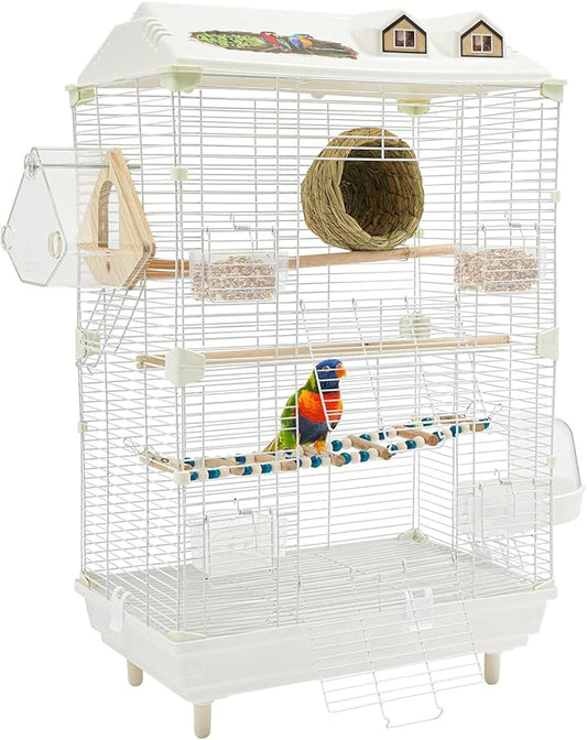 2-Door Wrought Iron Bird Cage Parakeet Cage with Roof, 30" H Parrot Cage Pet Birds Flight Cage w/Ladder & Nest, Interactive Birdcages Bird House Travel Cages for 4-6 Small Birds (Iron Mesh)