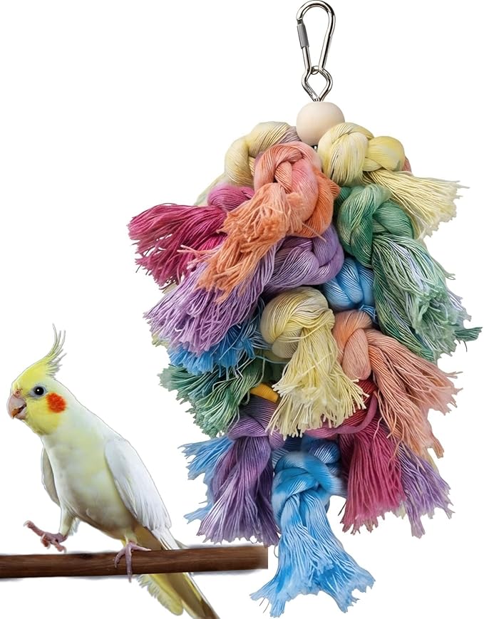 Bird Preening Toy - Natural Cotton Rope & Wood Blocks to Support Feather Health, Safe Screw-Link Enrichment Hanging Toy for Cockatiels, Conures, Parakeets,Lovebirds