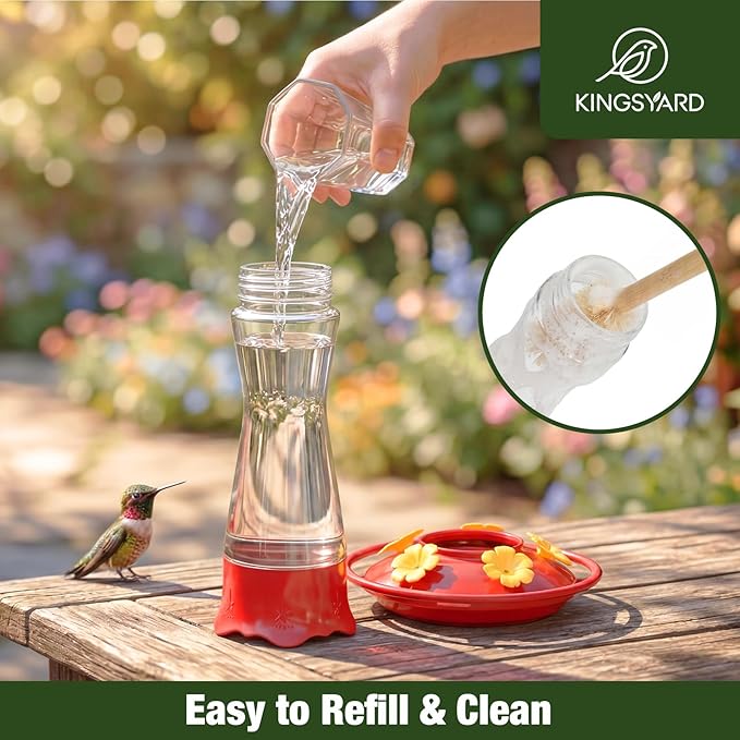 Kingsyard Glass Hummingbird Feeder for Outdoors Hanging, 10 oz Leak-Proof Humming Bird Feeders with Ant Moat & Bee Proof Feeding Ports, Hummingbird Gift for Bird Lovers (Clear)
