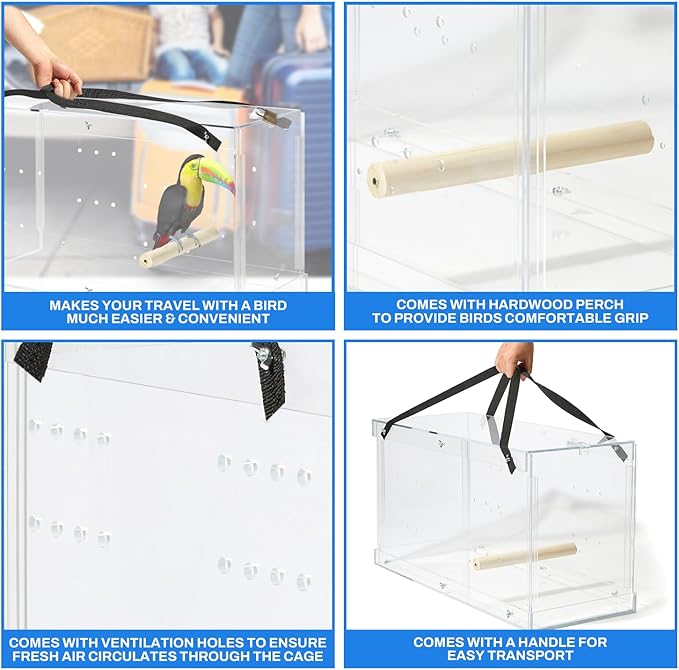 PENNZONI Macaw Acrylic Carrier, Large Bird Carrier, Crystal Clear Acrylic Bird Carrier, Bird Travel Carrier, Acrylic Bird Transporters