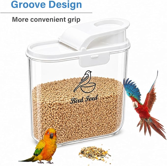 Bird Seed Storage Container, Airtight 2L/4.5Lbs Bird Food Container with Scale & Pour Spout, Portable Bird Food Holder to Keep Food Fresh|BPA-Free-White