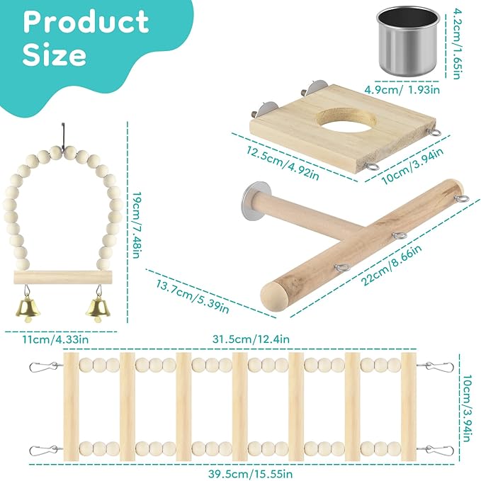 DBNESS Bird Perch Toys, Wooden Ladder Perch for Cage, Parrot Platform Stand Colourful Swing Hammock Climbing Bridge Exercise Cage Accessories for Budgies Cockatiels Lovebirds Hamster (5 in 1)