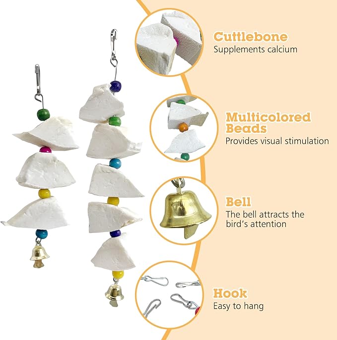 BNOSDM Bird Toys with Cuttlebone 4 Pack Hanging Cuttle Bone Chew Toys Natural Bird Beak Grinding Stone Parakeet Calcium Toys Bird Cage Accessories for Budgies Cockatiels Lovebirds Conures Parrots (7)