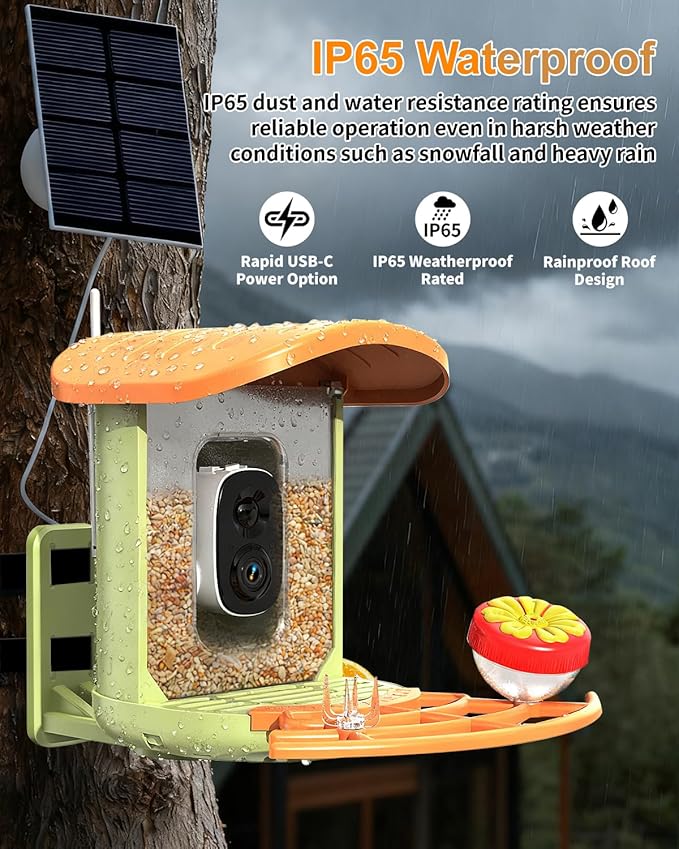 Bird Feeder with Camera, 2K HD Camera Birds Feeder with AI Bird Recognition, Solar Powered Smart Birdfeeder with App Control, Color Night Vision, Gift Box Package, Easy Install & Family Sharing