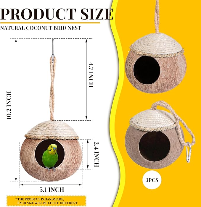 Suzile 3 Pcs Natural Coconut Bird Nest for Cage Hanging Birds House Parakeet Hide Breeding Hut Bird Cage Habitats Decor for Parrot, Cockatiel, Lovebird, Finch, Squirrel, Hamster