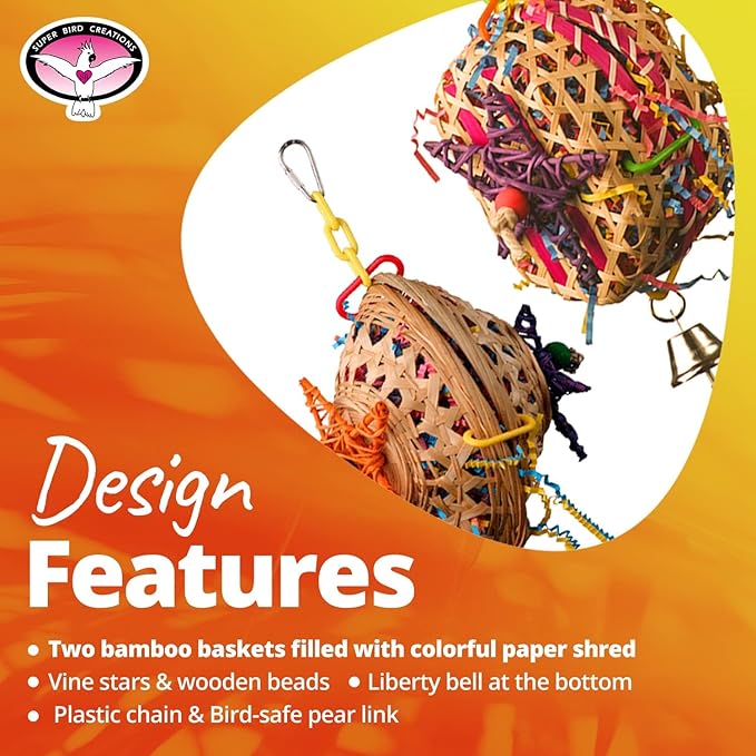 Super Bird Creations SB573 Basket Case Bird Toy - Ringnecks, Cockatiels, Parakeets, Parrots - Foraging Bird Toy with Colorful Paper Shred, Vine Stars, & Wooden Beads - for Medium Bird Size - 10" x 4"