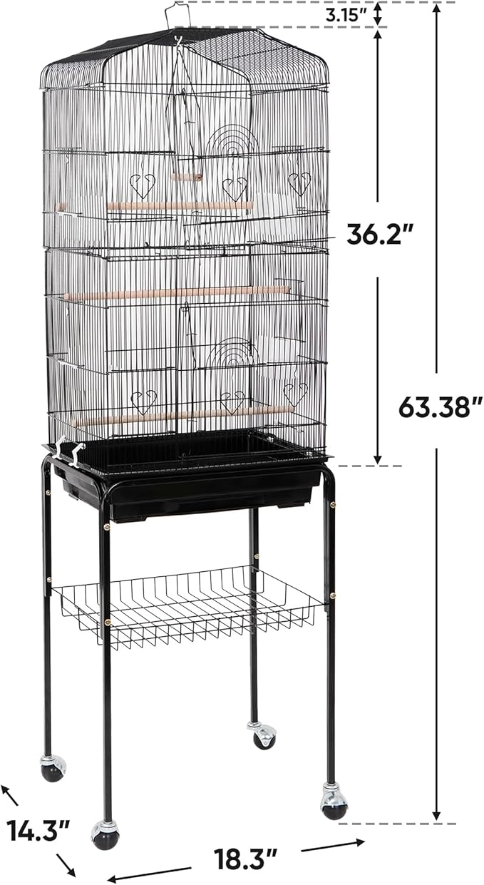 Nova Microdermabrasion 63 Inch Medium Pet Bird Cage with Detachable Rolling Wrought Iron Stand for Cockatiel, Sun Conure, Parakeet, Finch, Budgie, Lovebird, and Canary Birds