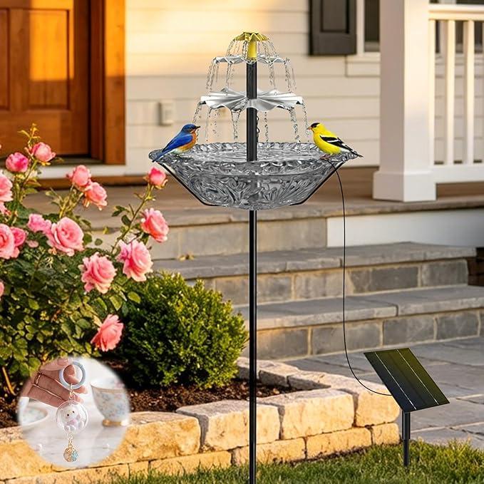 Bird Bath Fountain Solar for Outside, Outdoor Water Fountain Plastic, Attracts Birds with Cascading Spray for Yard & Patio (Gray)