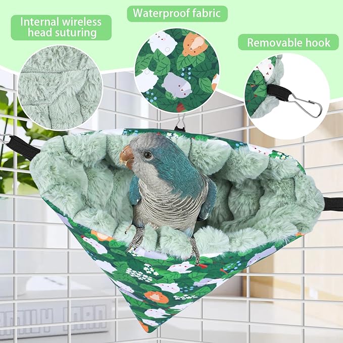 Yanmucy Bird Nests for Cages Waterproof Plush Winter Bird Hammock Hanging Warm Parrot Bed Cozy Corner Parrot House Tent for Sleeping Playing (Green, Large)