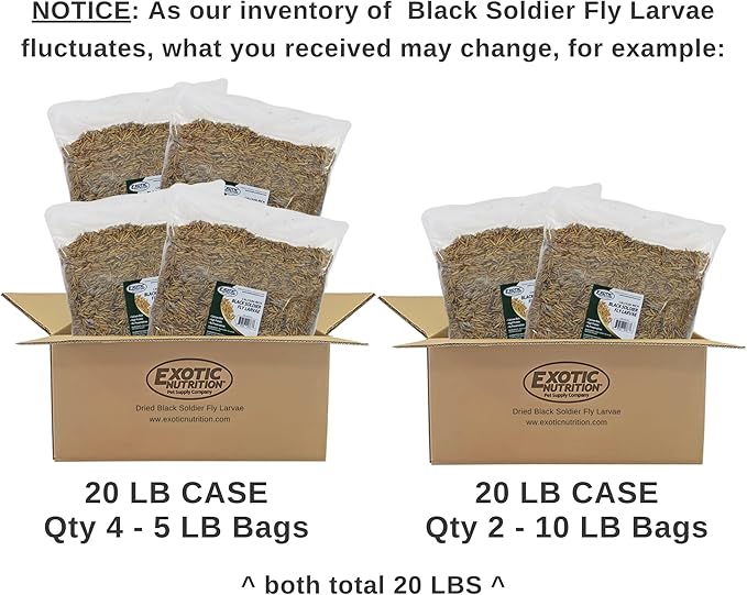 Exotic Nutrition 20 LB Bulk Dried Black Soldier Fly Larvae - High-Calcium Insect Treat - Chickens, Wild Birds, Bluebirds