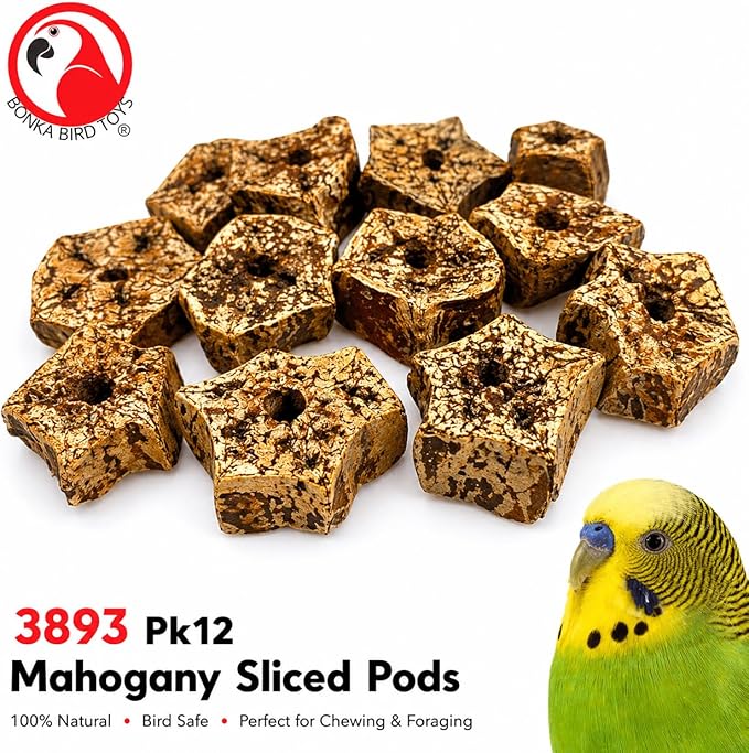 Bonka Bird Toys 3893 Natural Mahogany Sliced Pods Chew Toys, Pack of 12, Durable Bird-Safe Foot Toys, Pre-Drilled for Parrots, Cockatiels, and Small to Medium-Sized Birds, Cage Accessories