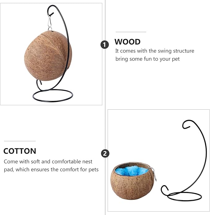 TEHAUX Natural Coconut Shell Bird Nest House Bed with Warm Pad for Parrot Parakeet Hamster Rat Mice Chinchilla Cage Toy Nesting Box
