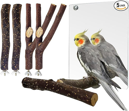 BNOSDM 5PCS Bird Mirror with Perches Stand Parrot Natural Wood Stick Perches Forked Perch Branch Parakeet Toy Set Bird Cage Accessories for Budgie Cockatiel Conure Finch Lovebird
