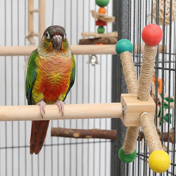 1pcs Bird Stand Perch Toy Interactive Wood & Hemp Rope Perch Enrichment Exercise for Small Medium Parrots Easy Install Birdcage Accessory Long Hemp Rope
