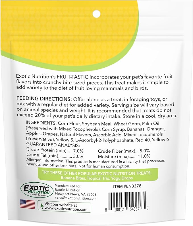 Exotic Nutrition 3 LB Fruit-Tastic Bird Food | Crunchy Fruit-Flavored Feed Pellets for Cockatiels, Lovebirds, Quakers, Small Conures & Lorikeets