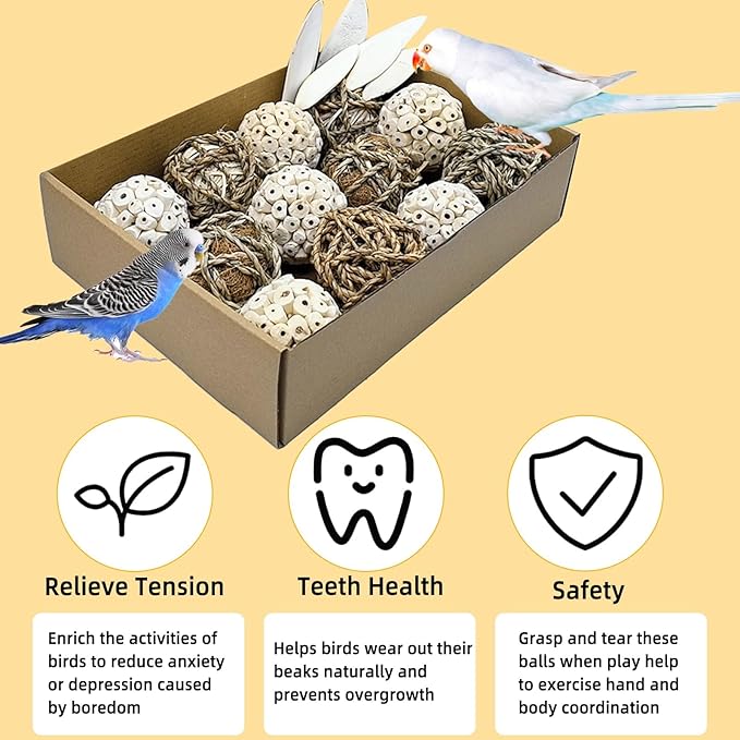 18PCS Bird Toys Sola Balls 2.36IN Parakeet Toys Natural 2.76IN Chew Grass Balls with Cuttlebone for Parrots Conures Rabbits Hamster Guinea Pig Chinchilla(Style 2)
