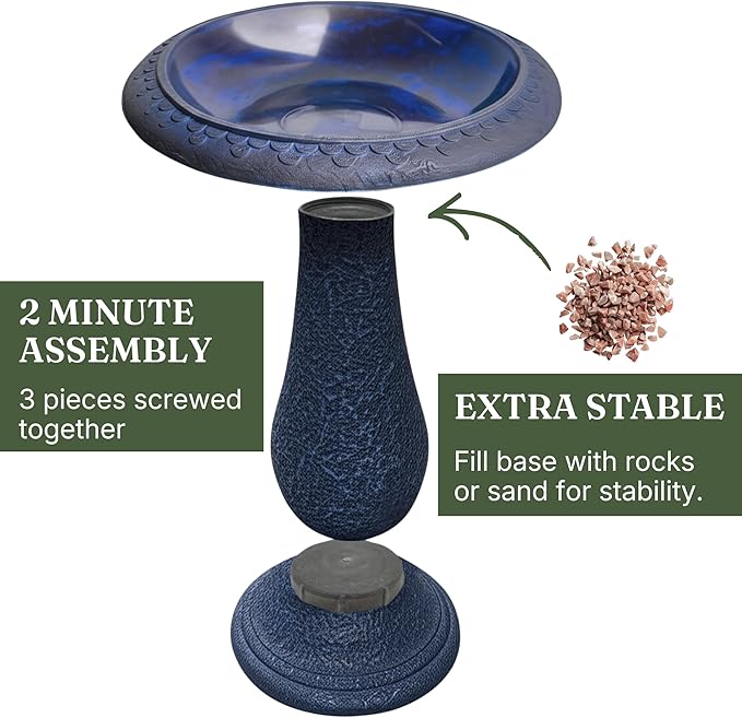 Pedestal Bird Bath Bowl 23 Inch Sea Blue - Stone-Resin Composite Bird Baths for Outdoors - Decorative Standing Outdoor Garden Decor for Front Porch Patio Yard Backyard Lawn Ornament