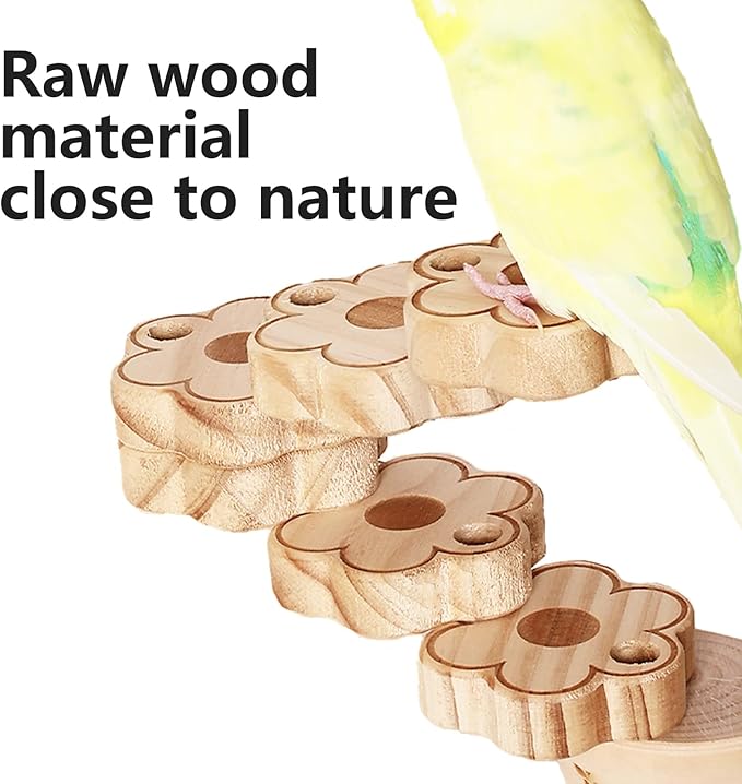 Natural Wood Bird Ladder Perch Toy - Chewable Safe Parrot Climbing Toy for Cockatiel, Finch & Other Small to Medium Birds, Bird Cage Accessories with Easy Screw Installation (Floral Pattern)