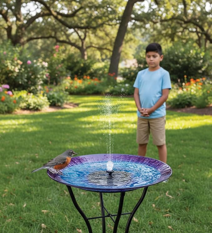 Regal Art & Gift 23" Bird Bath with Fountain - Durable Glass Bowl with Heavy-Duty Metal Stand, Easy to Fill, Ideal for Patio, Porch & Garden Décor - Purple