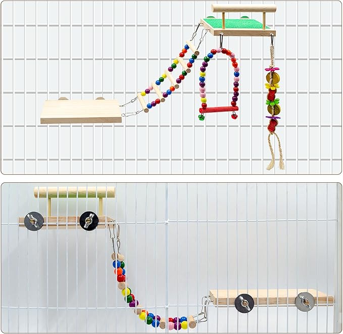 5 Pack Bird Cage Accessories, Multicolor Wooden Enrichment Playground with Swing Perch, Bridge, Chew Toys, Bird Supplies for Budgies, Cockatiels, Lovebirds, Small to Medium Birds