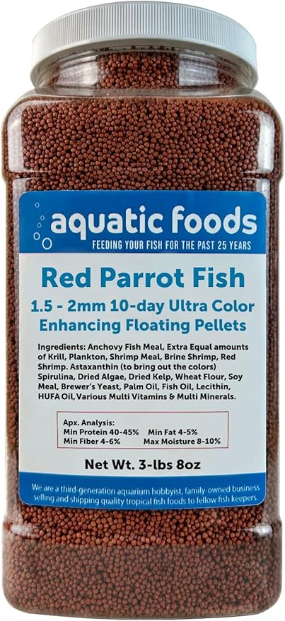 Red Parrot Fish Ultra Red Color Enhancing 1.5mm-2mm Floating Pellets. Color Enhancing in 10-Days for Baby, Juvenile and Adult Red Parrots…3-lbs 8oz Large Jar