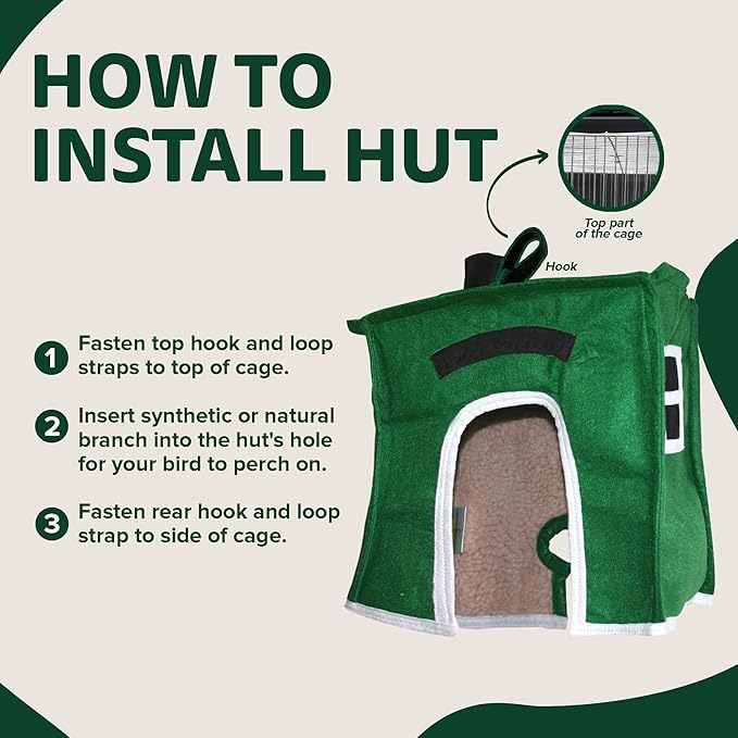 Crazy K Farm - Avian Haven Bird Hut, Comfy Bird Snuggle Hut, Plush Pet Bird Hut for Sleeping and Snuggling, Hanging Bird Cage Hut with Sherpa, Cozy Bird Cage Accessories, Extra Large, Green