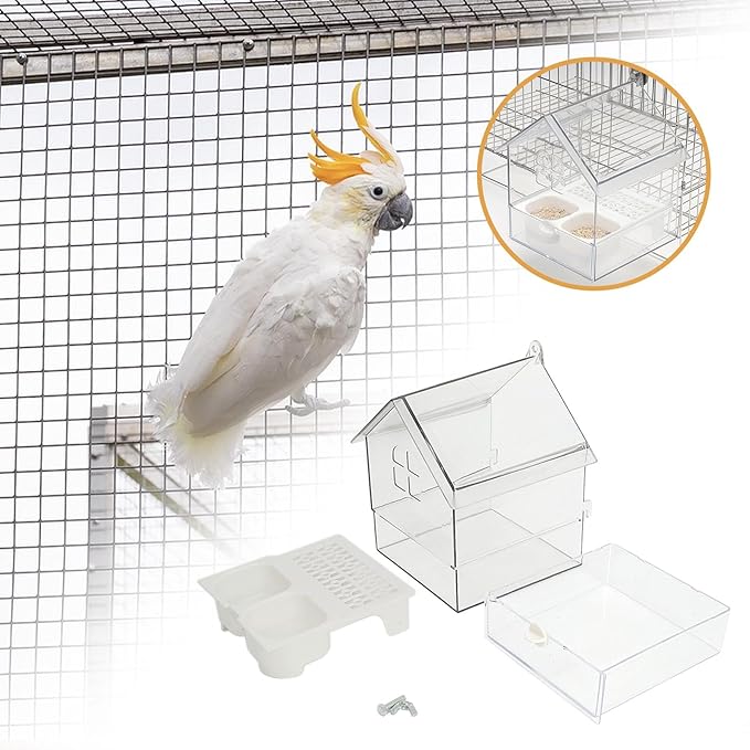 Bird Cage Feeder Parakeet Bathtub Feeding Watering Hanging Shower Box Cage Accessories for Parrot Cockatiels Parakeets, White