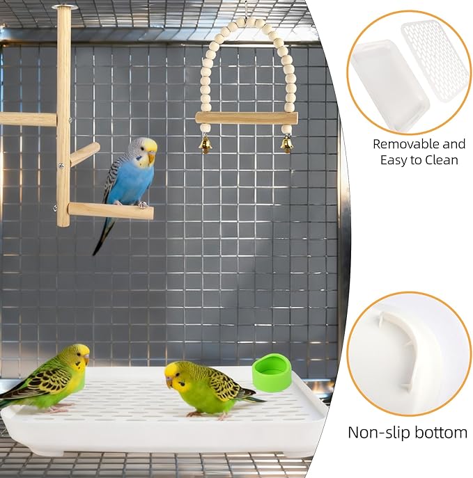 4 In 1 Bird Playground Stan with Large Tray, Food Bowl, Wooden Bird Play Stand and Swing, Play Gym & Accessories for Parrots Cockatiels Conures Parakeets Lovebirds