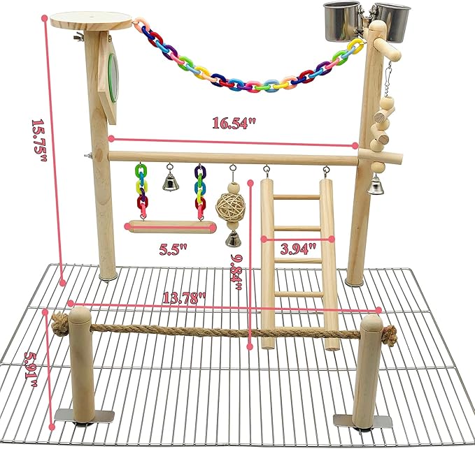 Bird Playground Top Cage, Parrot Gym Hanging Chewing Toys, Cage Top Play Stand for Conure, Parakeets, Budgie, Cockatiels, Lovebirds, Wood Perch Toys