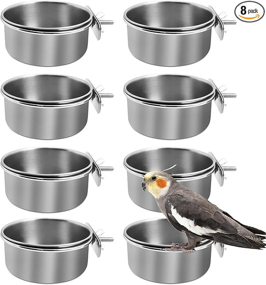 kathson 8 Pack Bird Feeding Dish Cups, Stainless Steel Parrot Feeders Water Cage Bowls with Clamp Holder Bird Feeders for Parakeet Cockatiels Conure Budgies Lovebird Finch and Small Animals