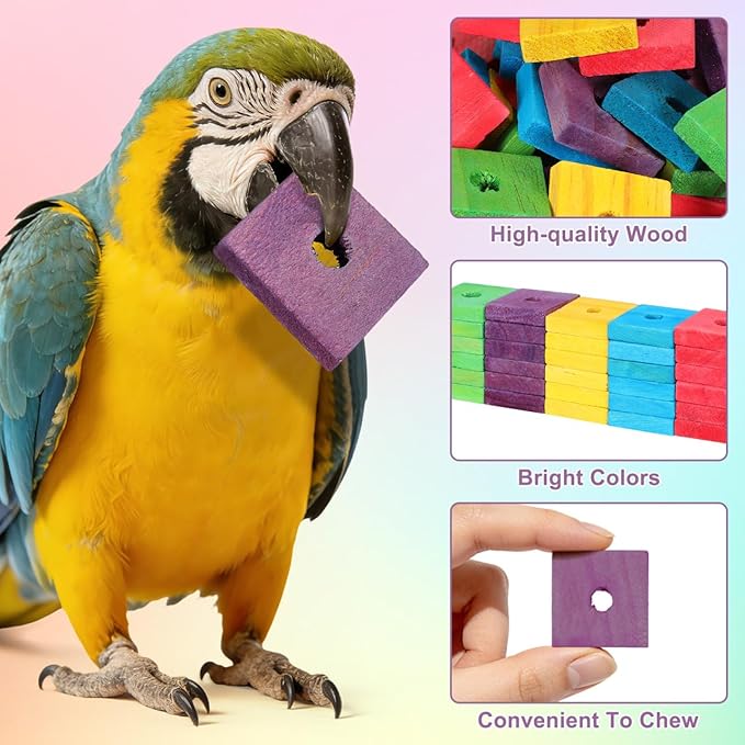 NOLITOY Bird Toys: 100 Pcs Wooden Blocks, Parrot Chew Toys Beak Trim Foot Craft Cage Parts DIY Shredding Playing for Macaw Conure African Grey Indoor Gift for Bird Lovers (Mixed Colors)