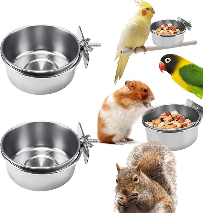 BCHARYA 2 Pack Stainless Steel Bird Food Bowls with Clamp - Rust Proof Metal Feeding Cups for Parrot Cage, Easy Clean Water Dish for Cockatiel Conure Budgie Parakeet Small Animal (3.9 Inch, Silver)