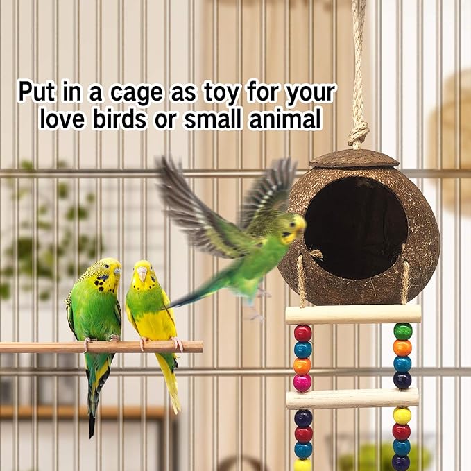 Hanging Coconut Birds House with Ladder,Natural Coconut Fiber Shell Bird Nest for Parrot Parakeet Lovebird Finch Canary,Coconut Hide Birds Swing Toys for Hamster,Bird Cage Accessories,Pet Bird Supply