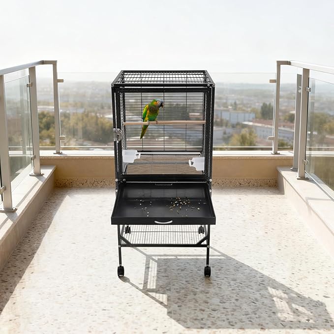 Extra Large Bird Cage 54Inch Wrought Iron Bird Cage with Rolling Stand Metal Parrot Cage with Open Play Top Perch Stand for Conures Lovebirds Cockatiels Finches (Black 2)