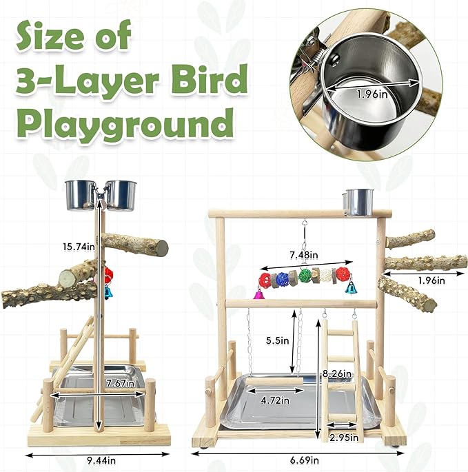 kathson Bird Playground Parrot Perch Stand Toys, Birds Wood Play Gym Activity Center Exercise Playpen Ladder Swing with Feeder Cups Chewing Toy(Include a Tray)