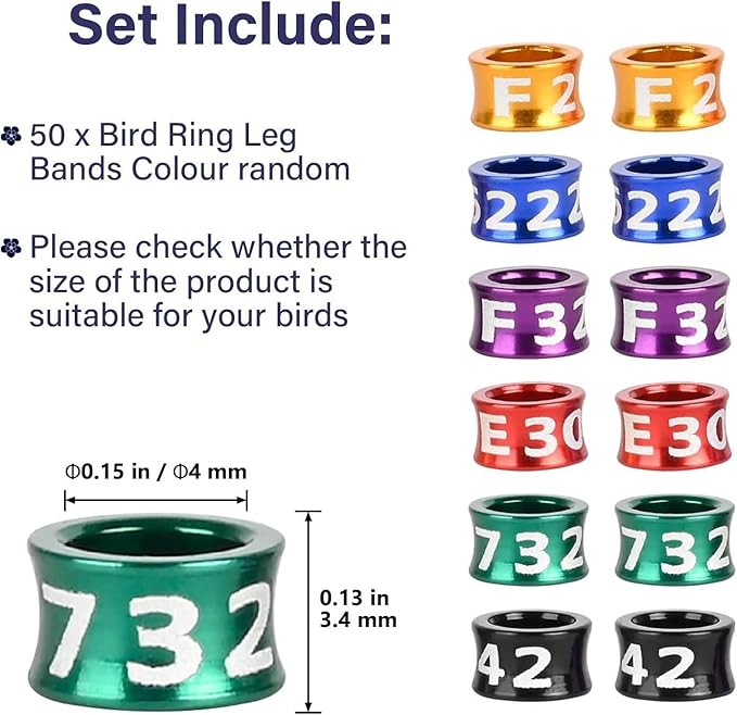 Bird Rings, Bird Bands, Multicolor Aluminum Parrot Leg Rings, Identification Training Rings，Mixed Colors 50 Per Pack.