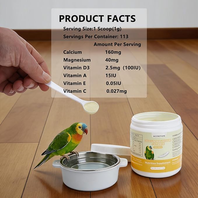 Calcium for Birds with Magnesium & Vitamin D3 – 4oz Powder, Essential for Molting, Faster Feather Regrowth, Strong Beak & Bone | Parrot Supplement