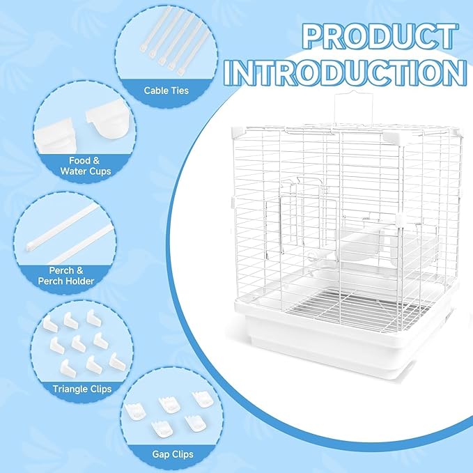 Small Bird Cage - 14x14x17.5 in Lightweight Travel Outdoor Birdcage for Parakeets, Budgies & Canaries and More Small Birds, Bird Carrier with Handle, Stand, Removable Tray, Portable for Hanging, White