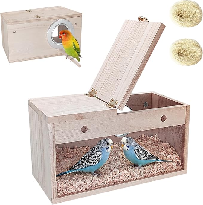 Tfwadmx Parakeet Nesting Box, Transparent Bird Nest Breeding Box, Wood Parrot Nest Box with Perch Bird Cage House for Cockatiel Lovebirds Budgie Canary Finch(S)