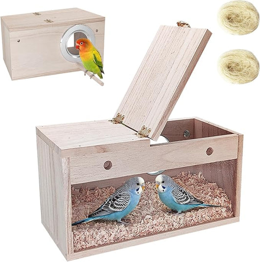 Tfwadmx Parakeet Nesting Box, Transparent Bird Nest Breeding Box, Wood Parrot Nest Box with Perch Bird Cage House for Cockatiel Lovebirds Budgie Canary Finch(S)