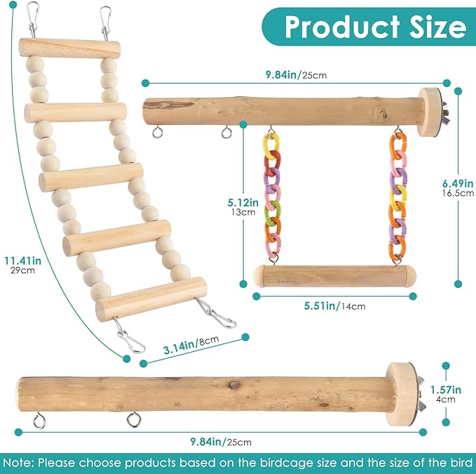 DBNESS Bird Perches Ladder with Swing, Natural Wood Parrot Climbing Bridge Perch Toys, Exercise Play Stand Parakeet Cage Accessories for Budgie Cockatiel Green-Cheeked Conure Caique