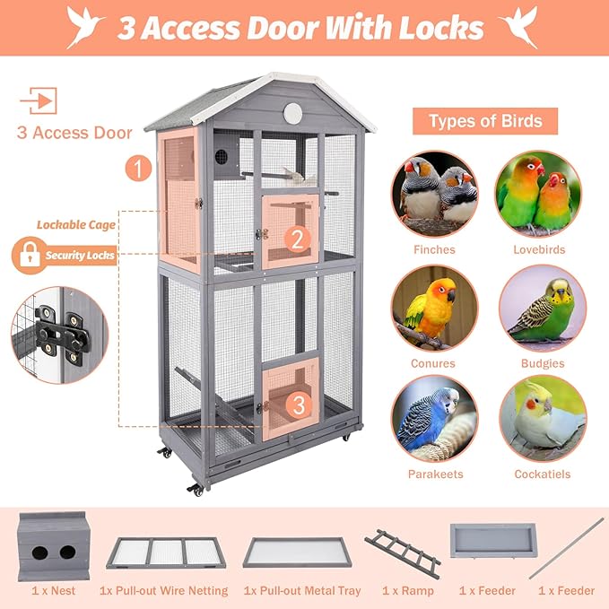 Gowoodhut Outdoor Bird Cage Large, Wooden Flight Aviary with Perches, Nest Habitat, and Easy-Clean Pull Out Tray for Parakeets, Macaws, and More