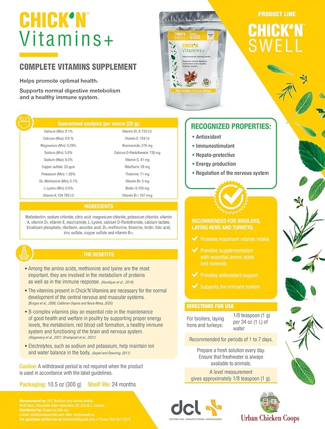 Chick'n Vitamins, Vitamins for Poultry and Backyard Chickens- Supplement from Chick'N Swell Brand for All Fowls, Birds and Ducks of All Ages. with B12-10.5 oz