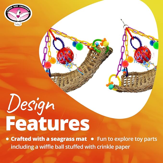 Super Bird Creations SB748 Flying Trapeze Bird Toy for Conures, Quakers, Cockatiels, Parrots, Senegals, Multi-Colored Chain, Seagrass Mat, Enrichment Toy - Medium Bird Size, 14" x 13" x 12"