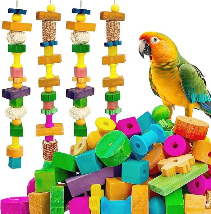 Parrot Toys Set,120 Pcs DIY Colorful Wooden Blocks & Corn Cob, Chew Training Enrichment Bird Toys for Large Cockatoos, Macaws, African Grey and Small Medium Parrots