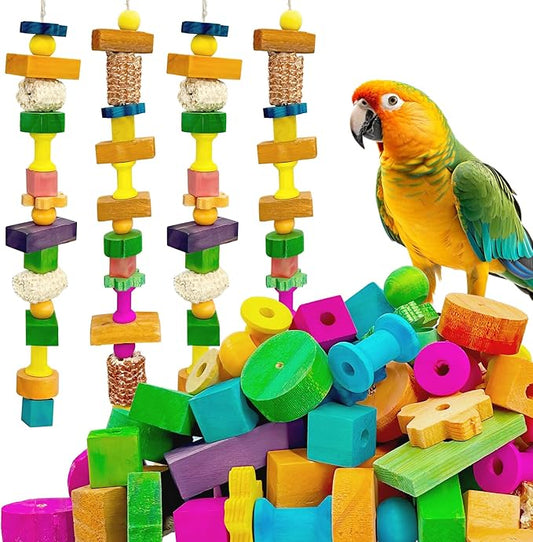 Parrot Toys Set,120 Pcs DIY Colorful Wooden Blocks & Corn Cob, Chew Training Enrichment Bird Toys for Large Cockatoos, Macaws, African Grey and Small Medium Parrots