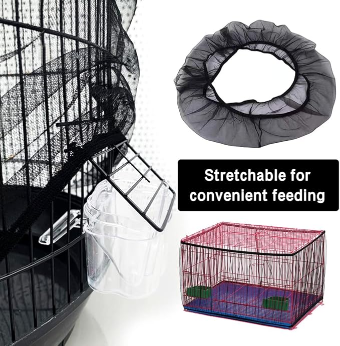 Universal Bird Cage Seed Catcher, Elasticity Airy Gauze Guard Net Cover, Soft Parrot Mesh Skirt Cover, for Round Square Cages (Black, L)